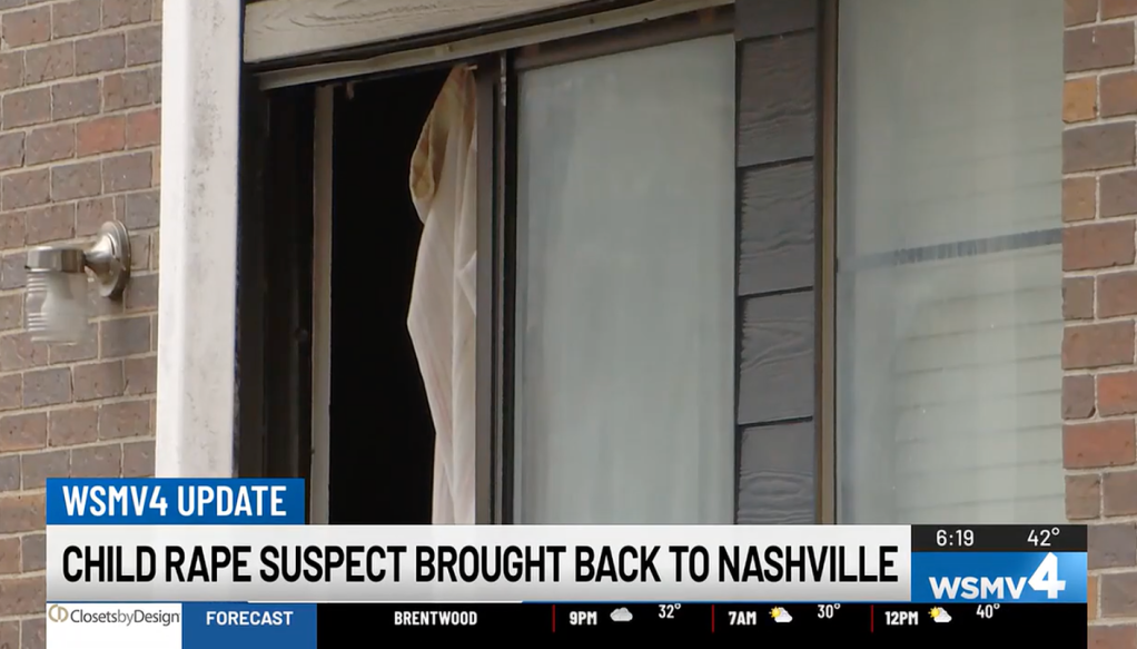 A news broadcast reporting on a child rape suspect being brought back to Nashville, shown with a partially open window revealing a piece of fabric.